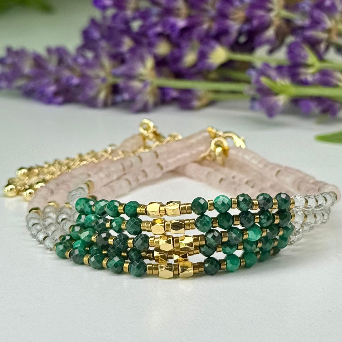 Malachite // Clear Quartz // Rose Quartz // 3mm // Faceted // Adjustable Bracelet