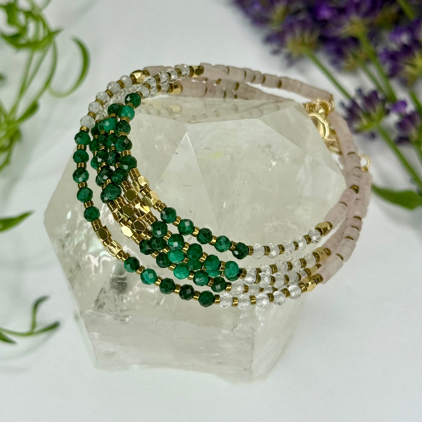 Malachite // Clear Quartz // Rose Quartz // 3mm // Faceted // Adjustable Bracelet