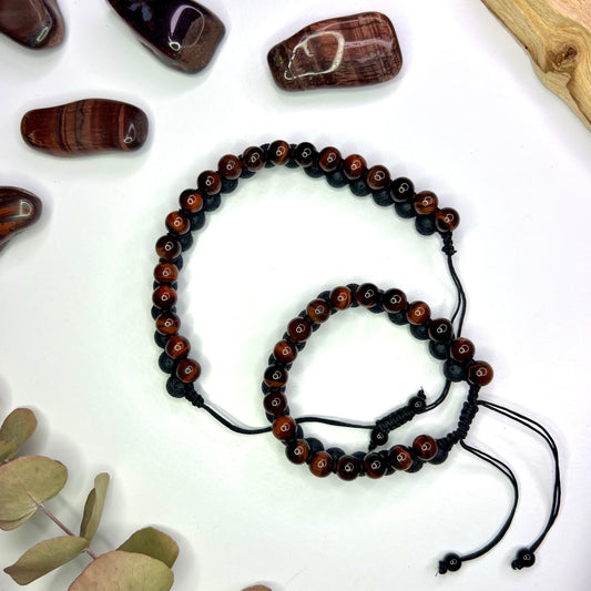 Tiger Eye // Red // Lava // Woven Bracelet // 8mm