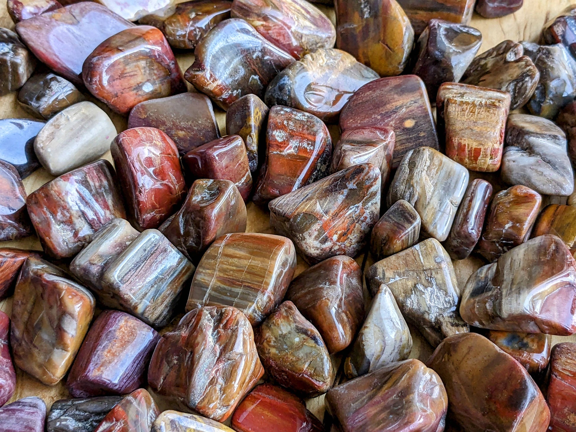 petrified wood, brown, red, tumbled, polished