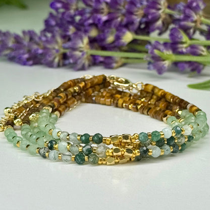Moss Agate // Green Aventurine // Gold Tiger Eye // 3mm // Faceted // Adjustable Bracelet