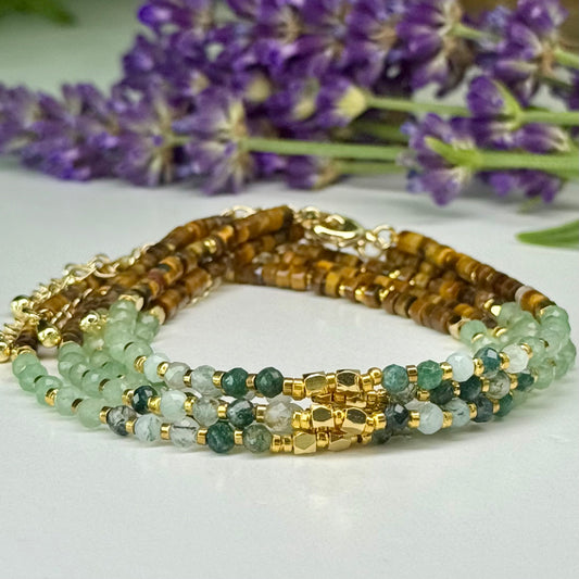Moss Agate // Green Aventurine // Gold Tiger Eye // 3mm // Faceted // Adjustable Bracelet
