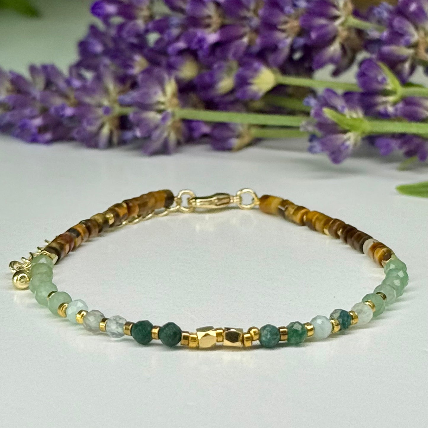 Moss Agate // Green Aventurine // Gold Tiger Eye // 3mm // Faceted // Adjustable Bracelet