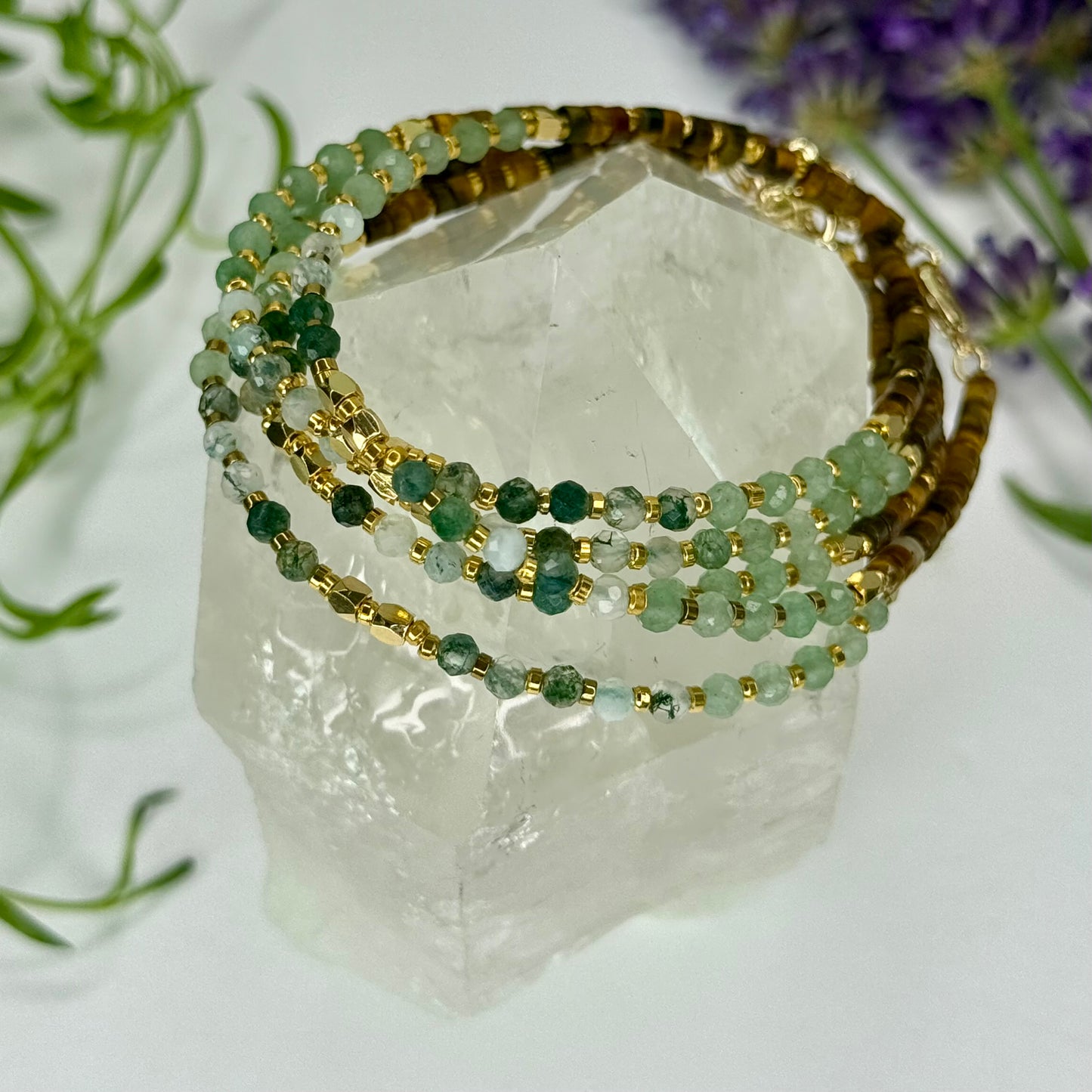 Moss Agate // Green Aventurine // Gold Tiger Eye // 3mm // Faceted // Adjustable Bracelet
