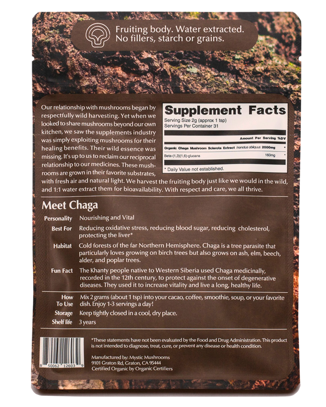 Chaga // Fruiting Body // 1:1 Water Extracted // Organic