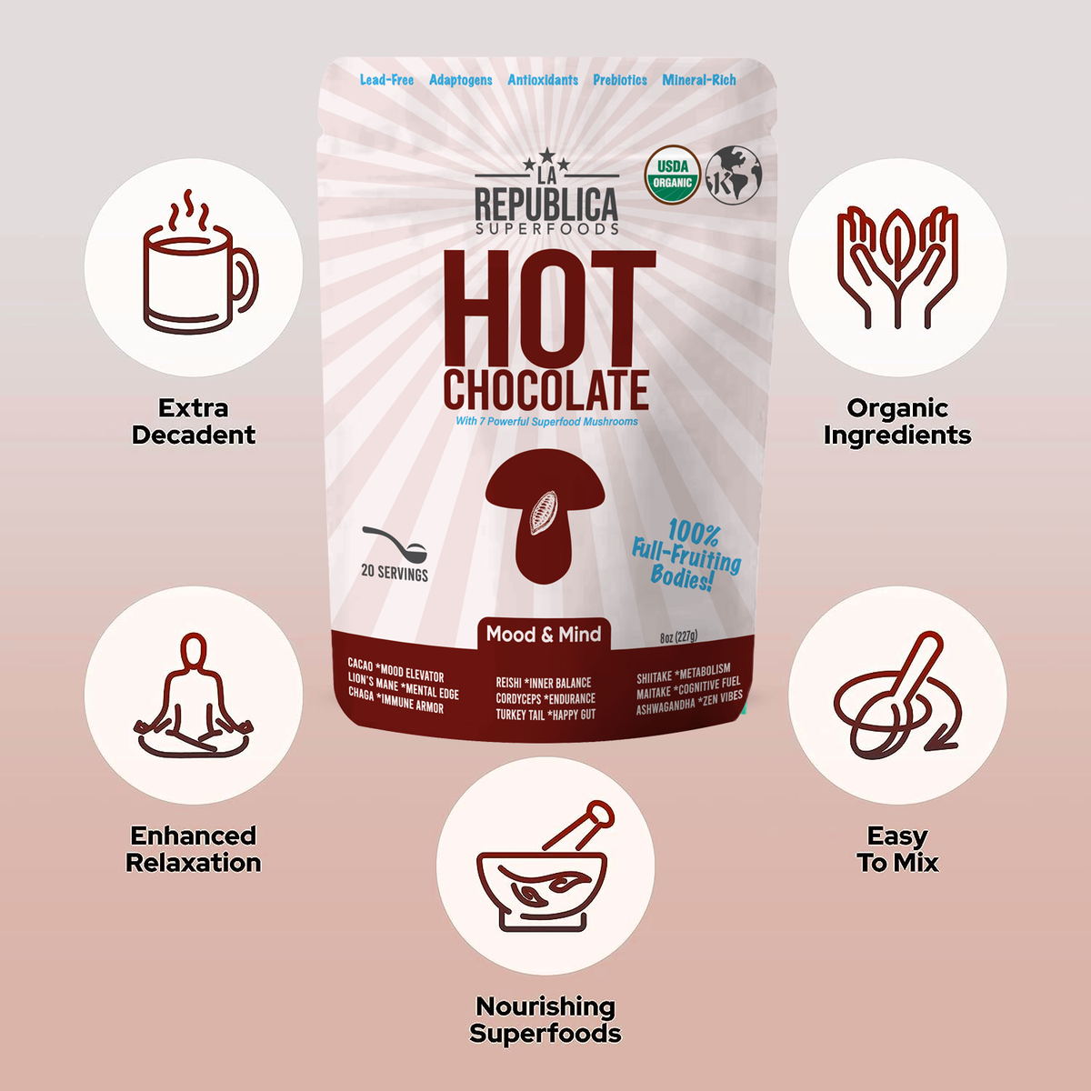La Republica // Organic HOT CHOCOLATE with 7 Mushrooms+: 8oz Bag