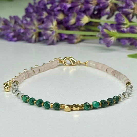 Malachite // Clear Quartz // Rose Quartz // 3mm // Faceted // Adjustable Bracelet