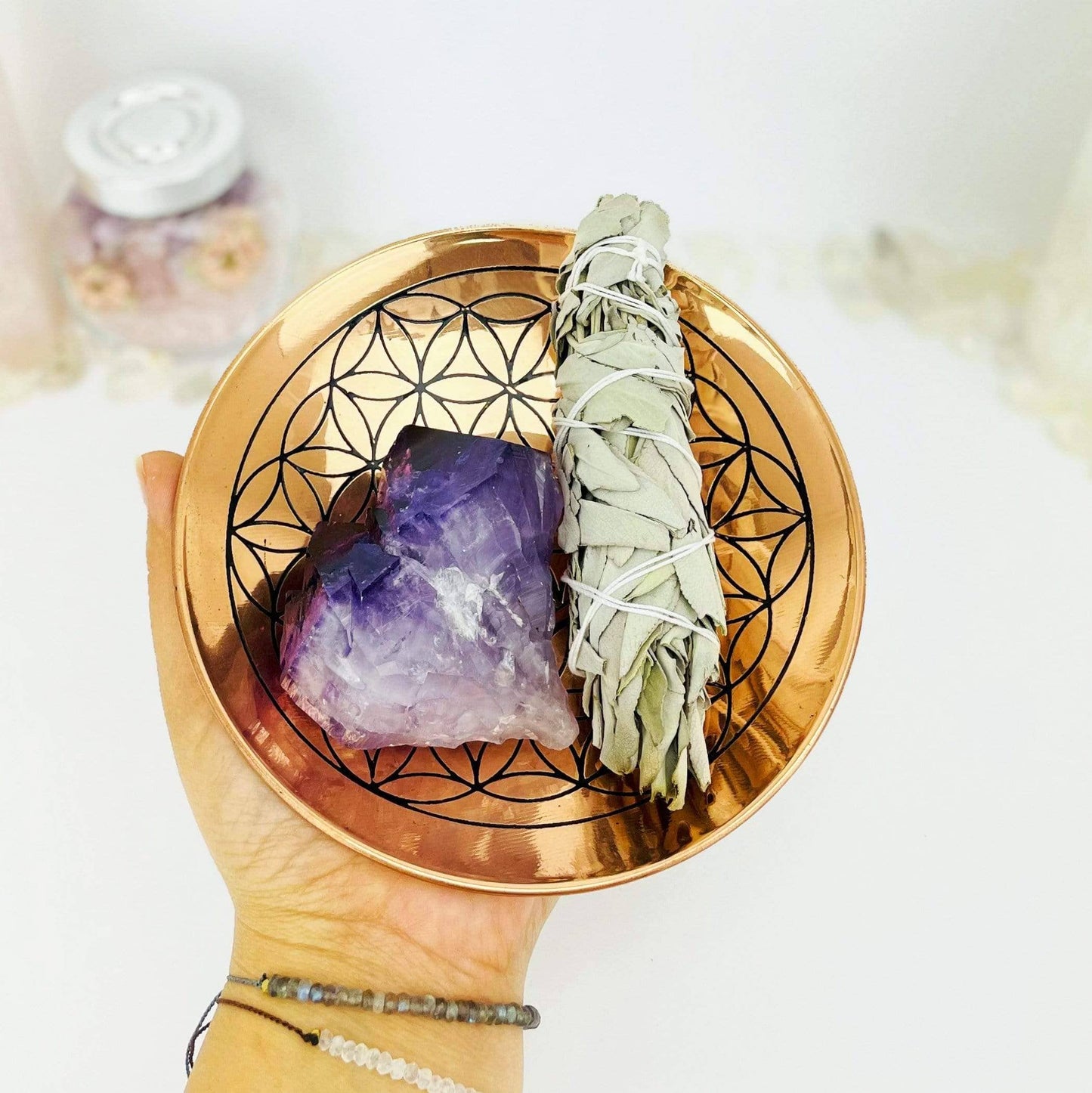 Crystal Copper Flower Of Life Grid offering bowl - (RK15-17) - SolRising The Rock Shop