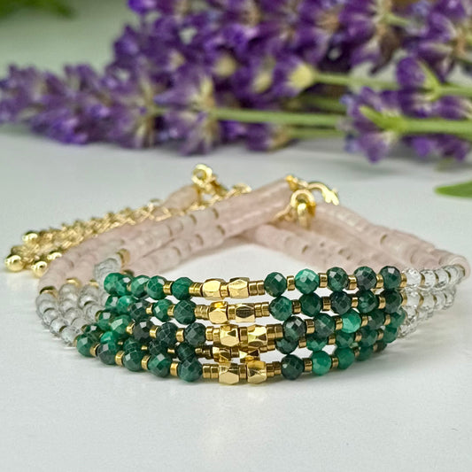 Malachite // Clear Quartz // Rose Quartz // 3mm // Faceted // Adjustable Bracelet