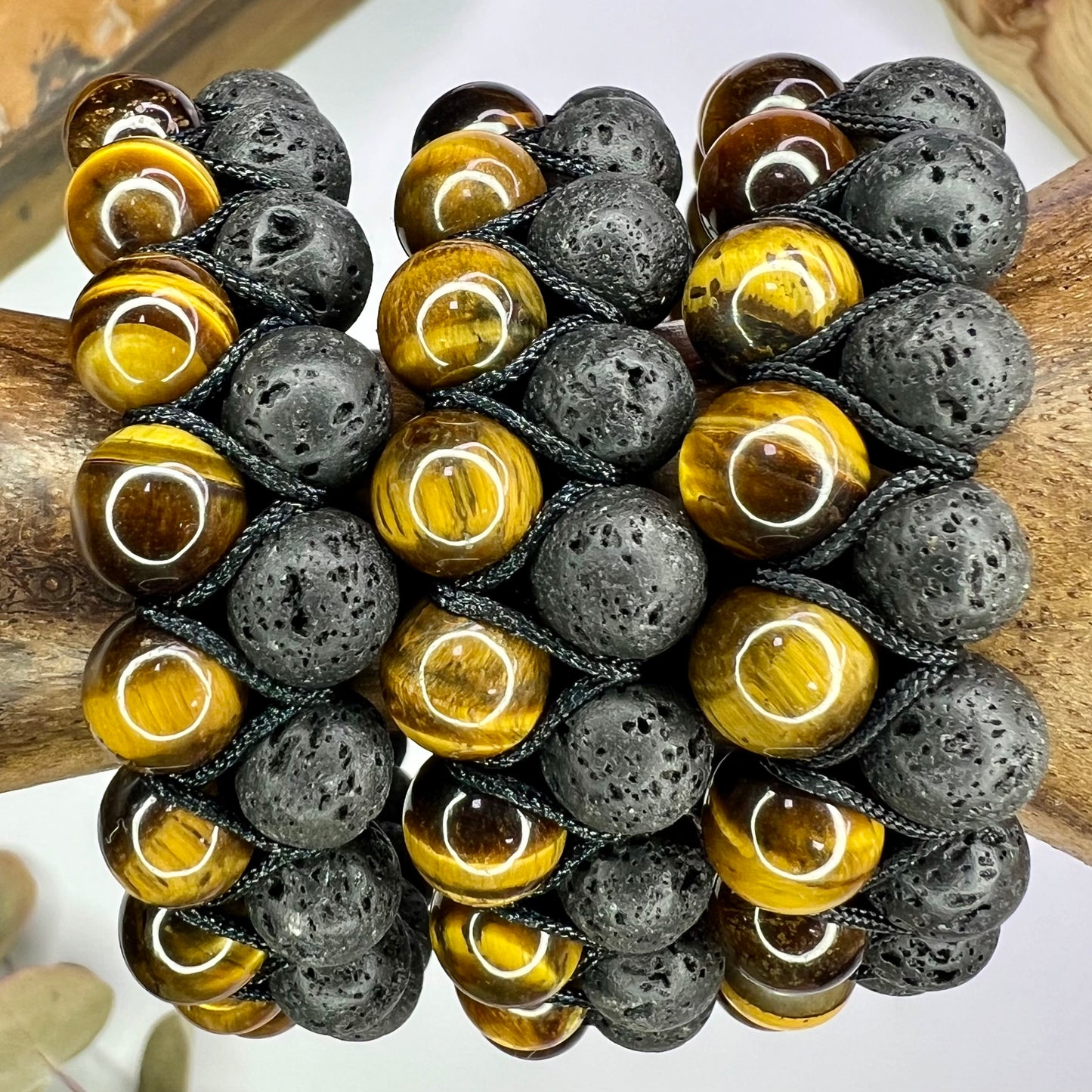 Tiger Eye // Gold // Lava // Woven Bracelet // 8mm