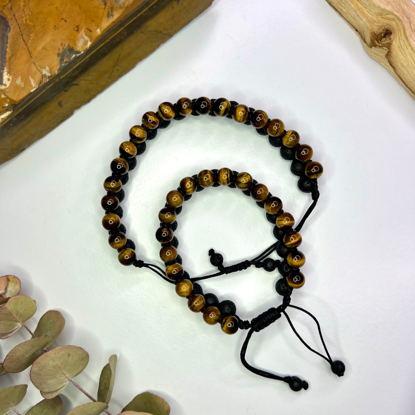 Tiger Eye // Gold // Lava // Woven Bracelet // 8mm