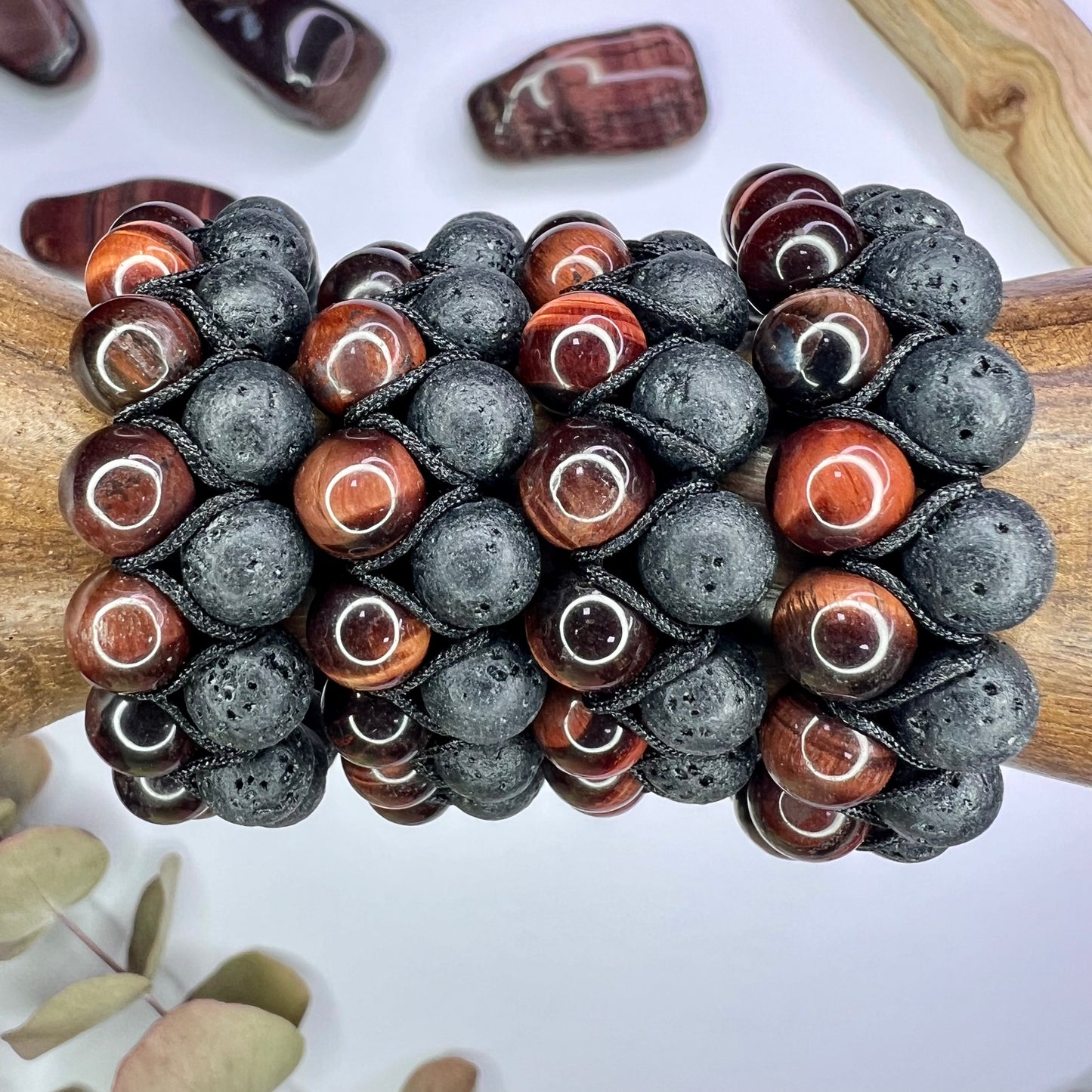 Tiger Eye // Red // Lava // Woven Bracelet // 8mm