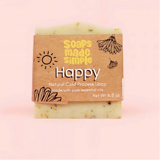 Bar of soap with a 'Soaps Made Simple' box on a pink background